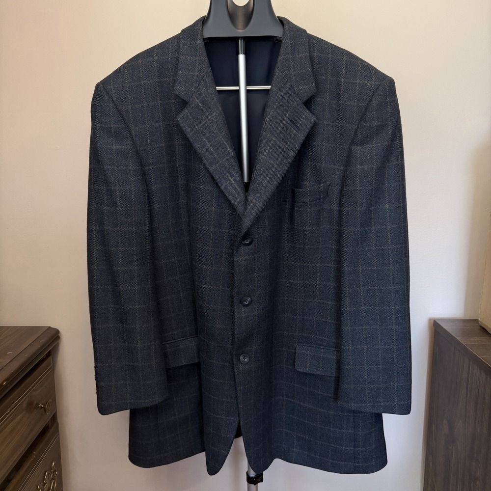 Ermenegildo Zegna Cloth Blazer Mens 52R Navy Windowpane Wool Cashmere Chore